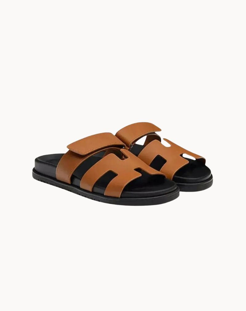 Men's Brown Leather H-Cut Slide Sandals