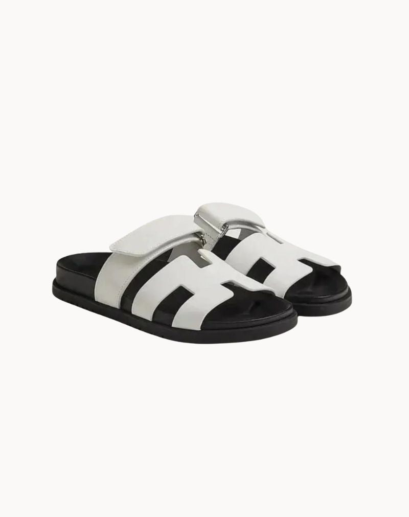Men's White Leather H-Cut Slide Sandals