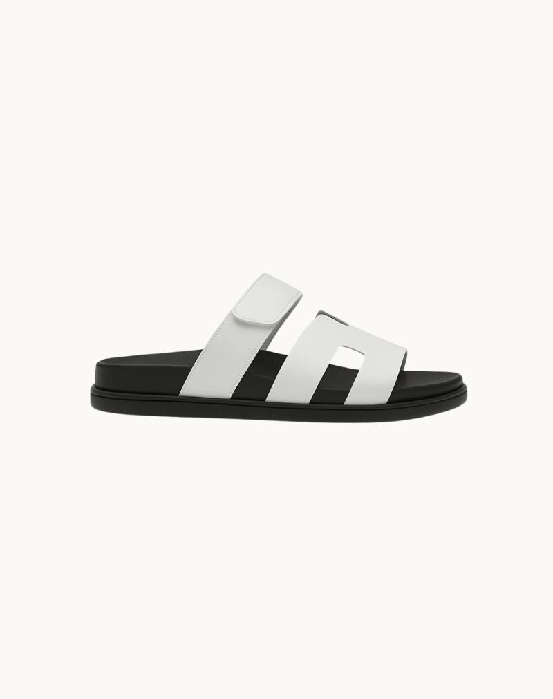 Men's White Leather H-Cut Slide Sandals