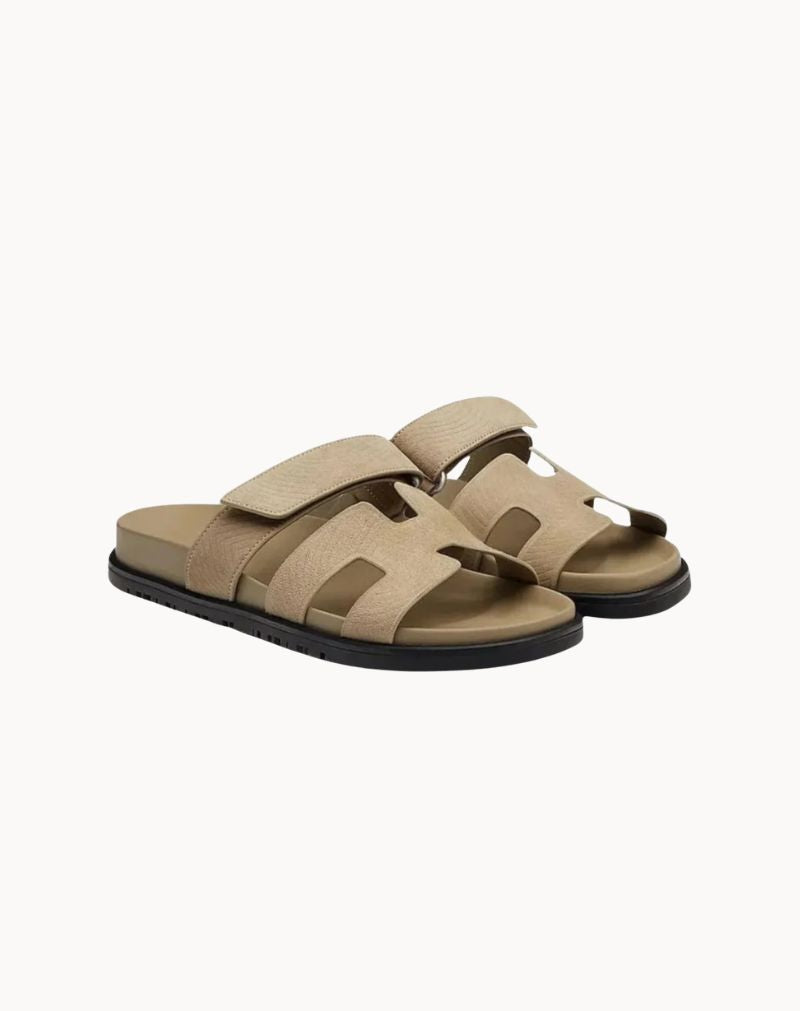 Men's Beige Leather H-Cut Slide Sandals