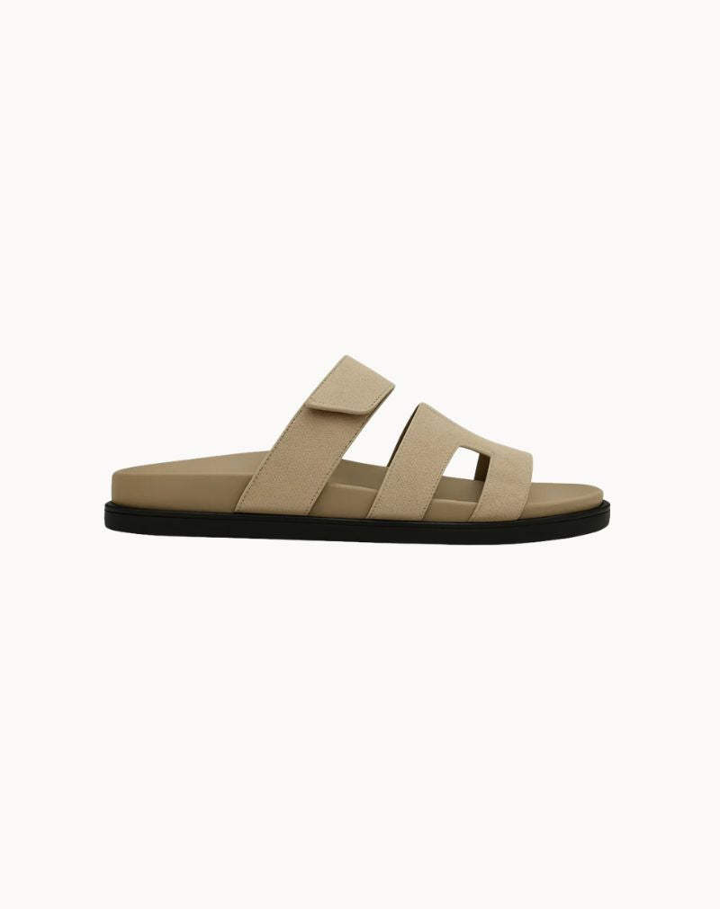 Men's Beige Leather H-Cut Slide Sandals