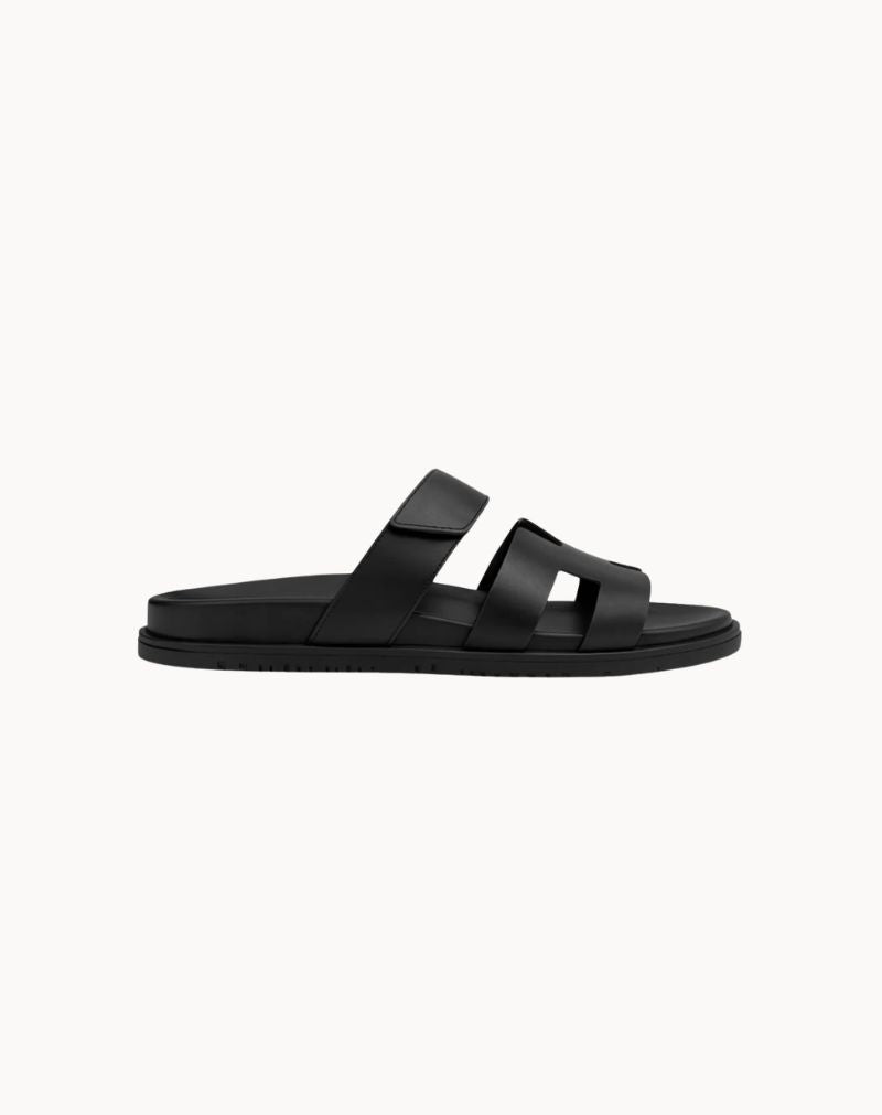 Men's Black Leather H-Cut Slide Sandals