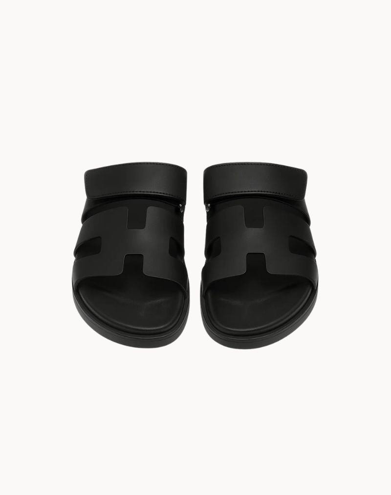 Men's Black Leather H-Cut Slide Sandals