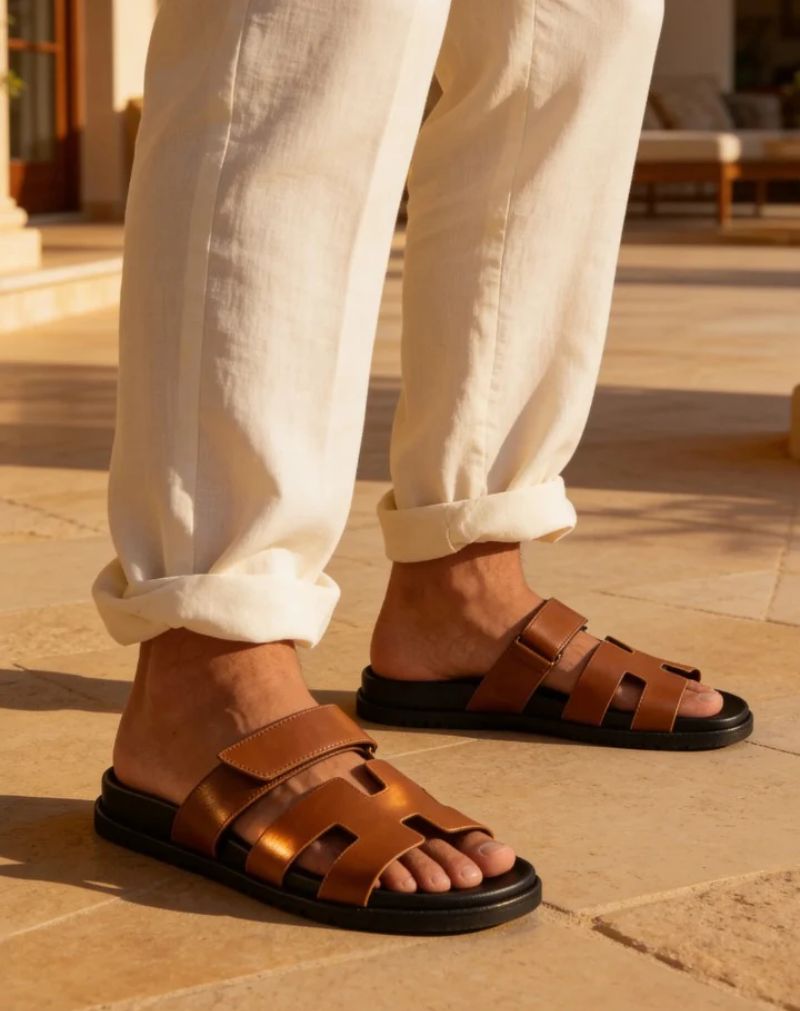 Men's Brown Leather H-Cut Slide Sandals