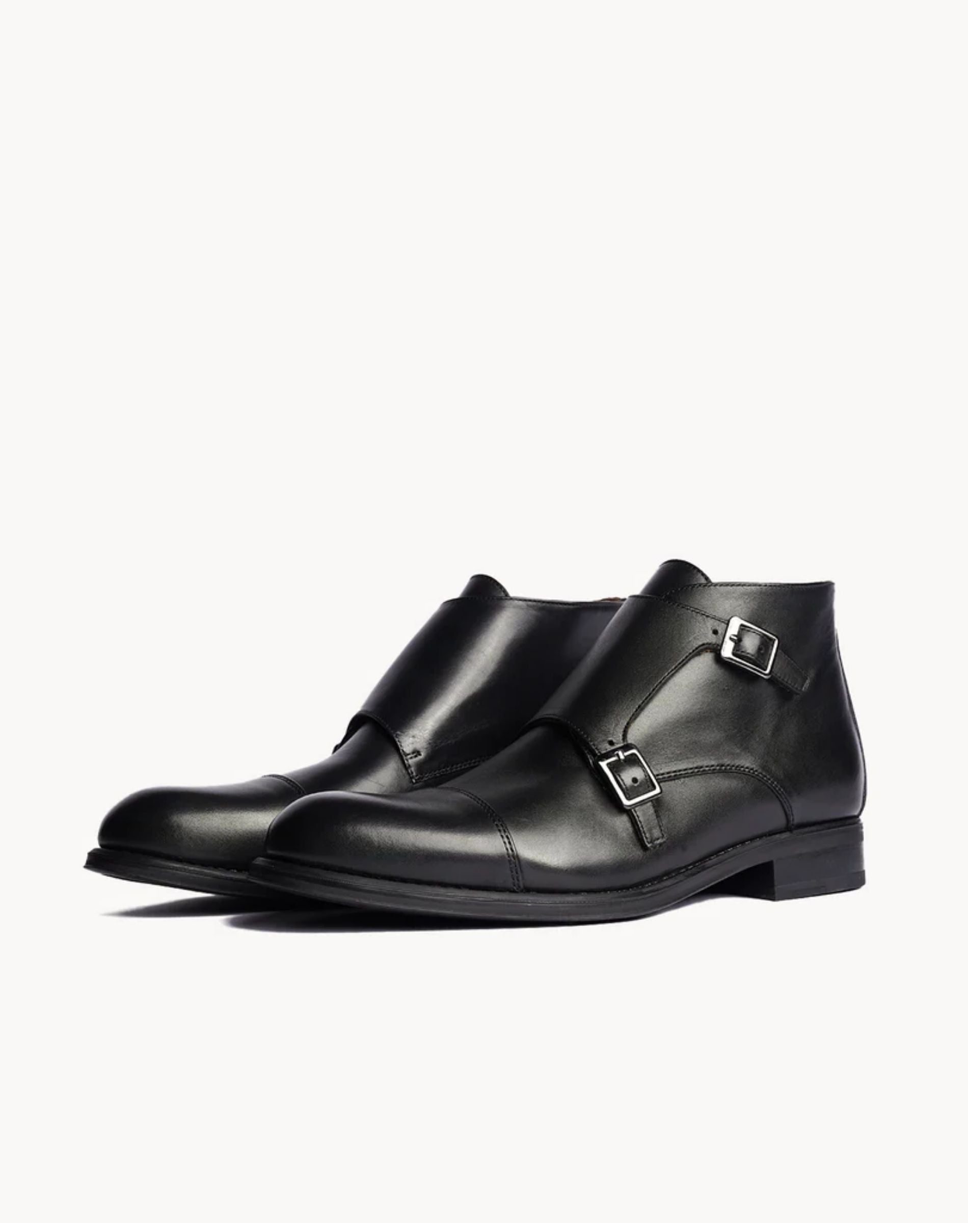 Men's Black Leather Double Monk Strap Ankle Boots