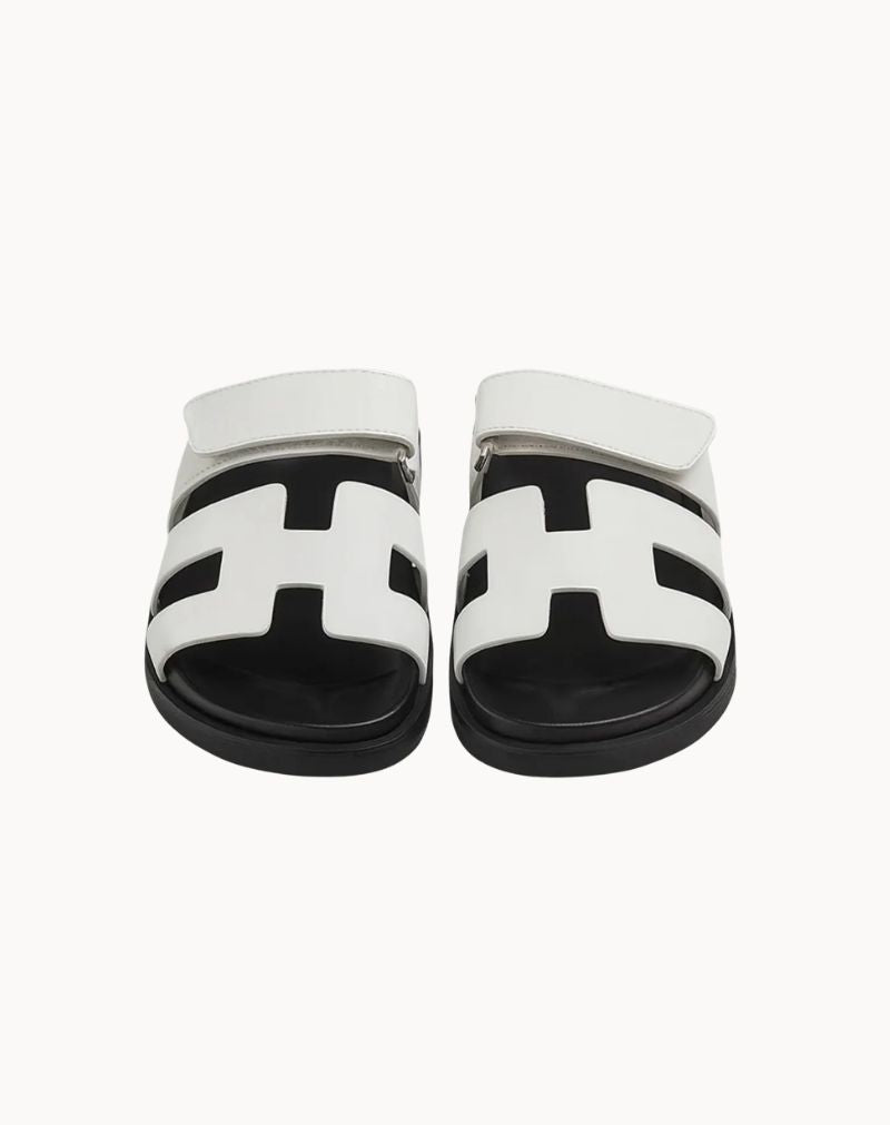 Men's White Leather H-Cut Slide Sandals