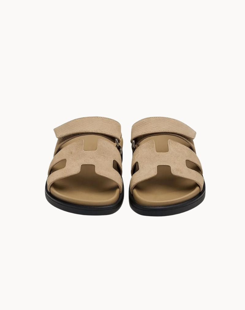 Men's Beige Leather H-Cut Slide Sandals