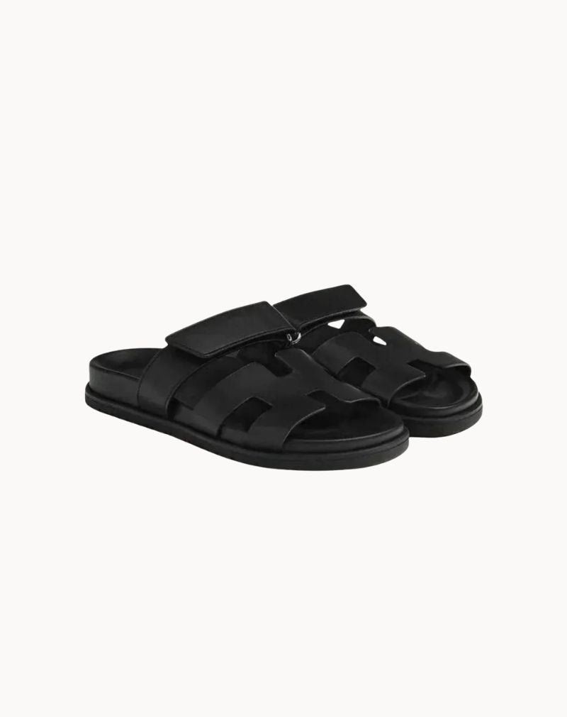 Men's Black Leather H-Cut Slide Sandals
