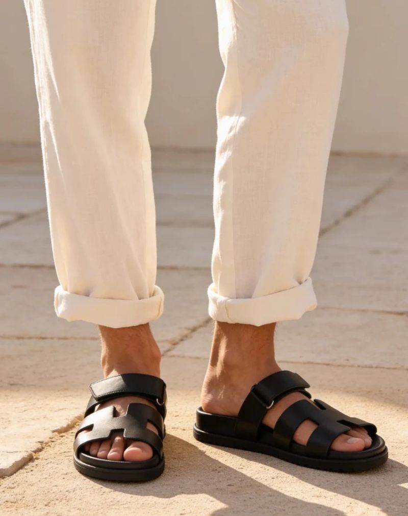 Men's Black Leather H-Cut Slide Sandals